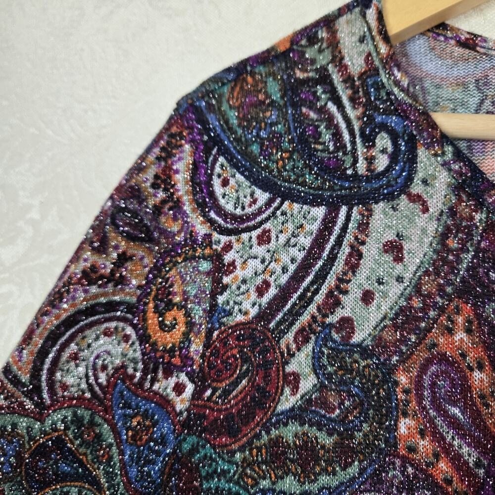 Cocomo Top L Paisley Multicolor Metallic Shimmer Knit Flowy Bell Sleeve Boho - Picture 11 of 12